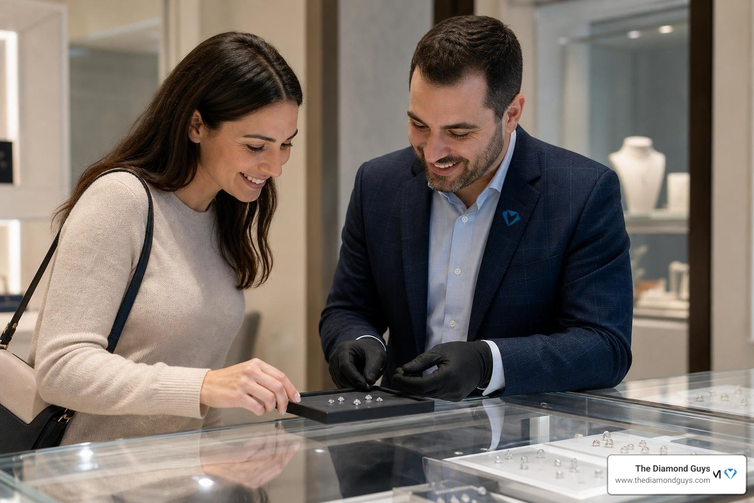A customer and a local jewelry specialist comparing loose lab-grown diamonds side-by-side in a showroom A customer and a local jewelry specialist comparing loose lab-grown diamonds side-by-side in a showroom