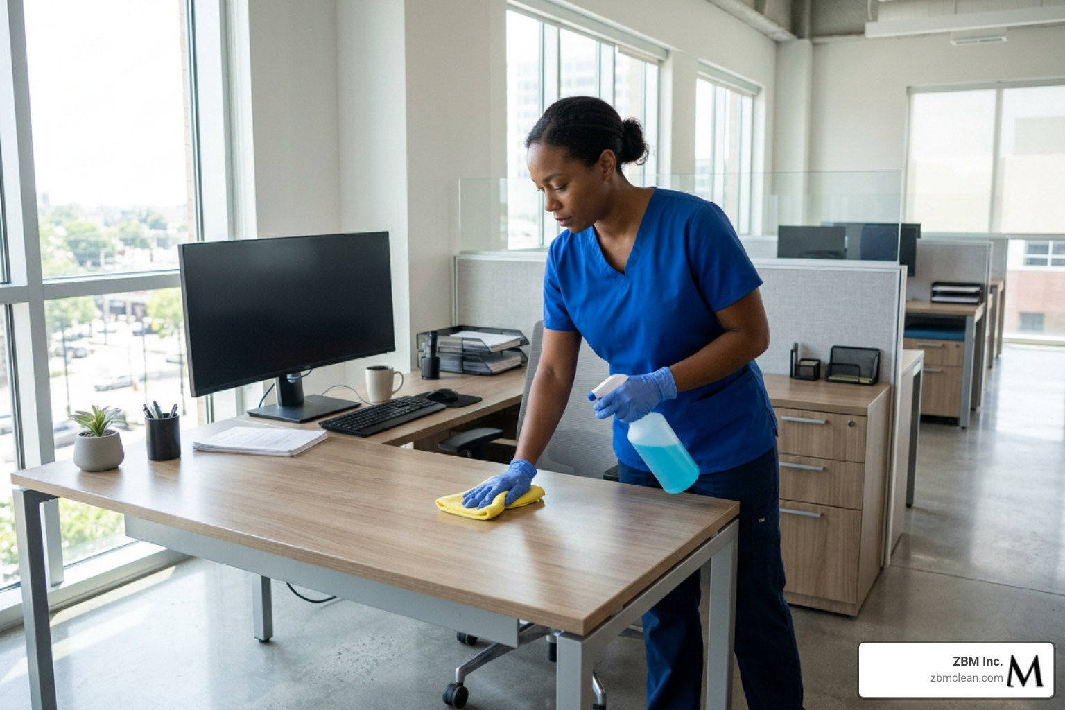 professional cleaner dusting and sanitizing office desk