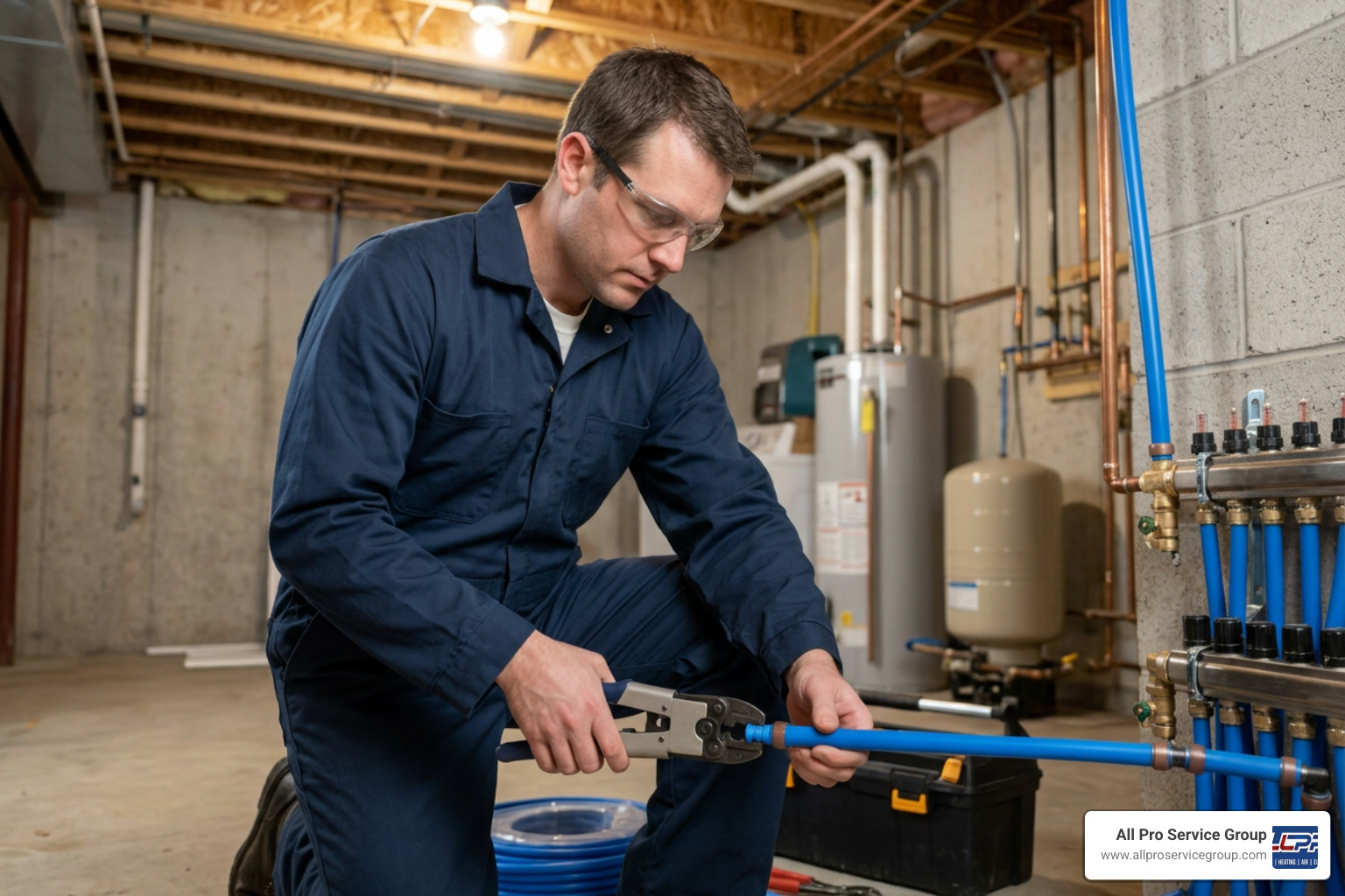 professional plumber installing new water lines in a residential basement professional plumber installing new water lines in a residential basement