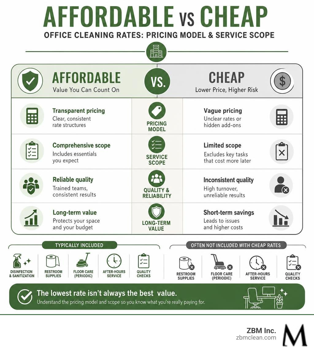 Infographic comparing affordable vs cheap office cleaning rates by pricing model and service scope infographic