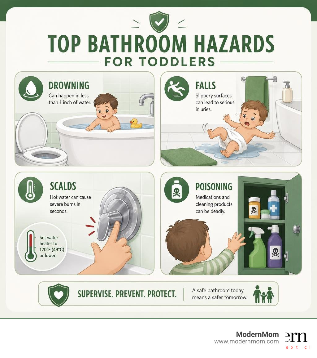 Top bathroom hazards for toddlers including drowning, falls, scalds, and poisoning risks infographic Top bathroom hazards for toddlers including drowning, falls, scalds, and poisoning risks infographic
