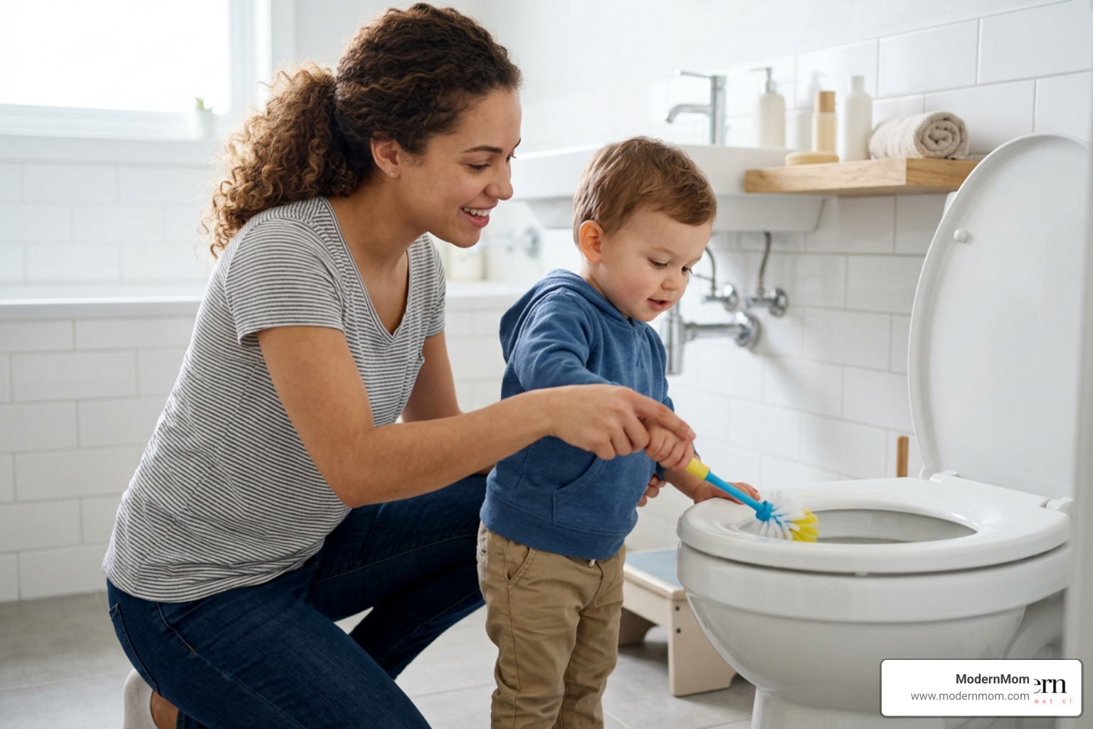 Toddler wiping down the outer rim of a clean potty chair