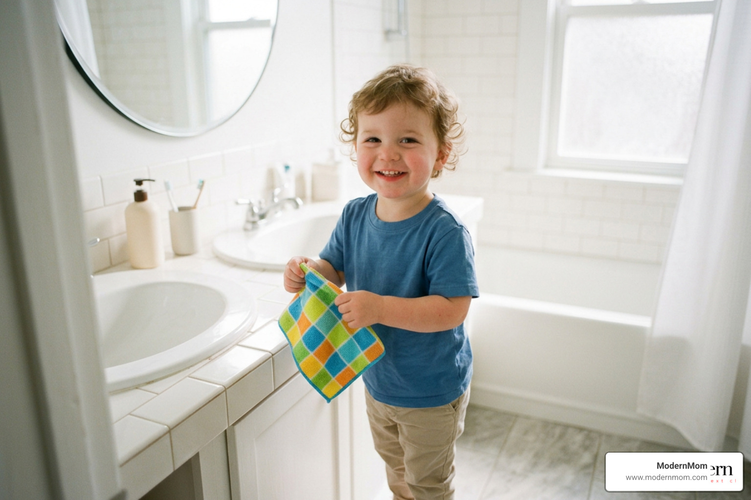 Toddler holding a child-sized cleaning cloth with a smile