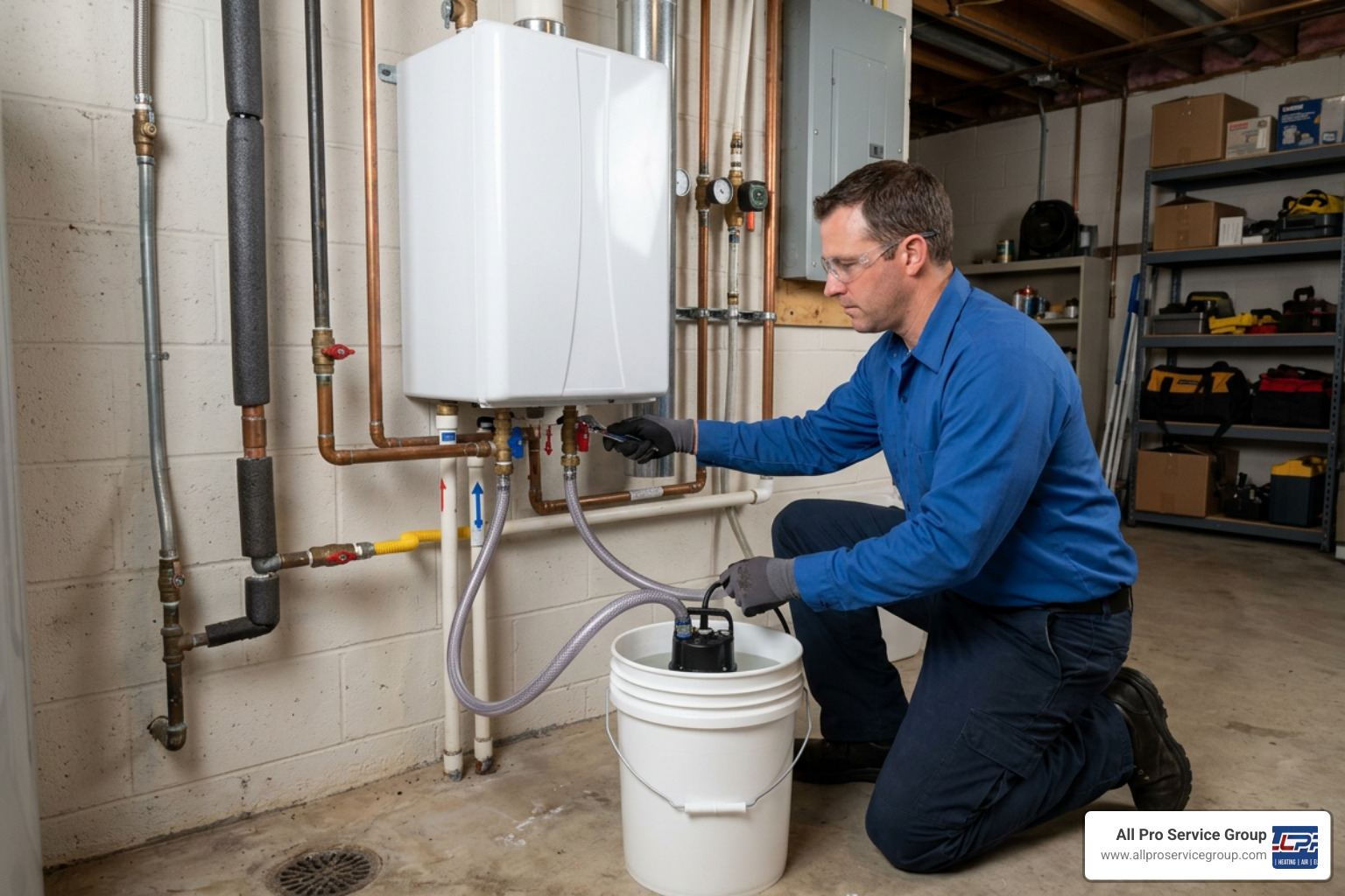 Technician flushing a tankless water heater using a submersible pump and vinegar