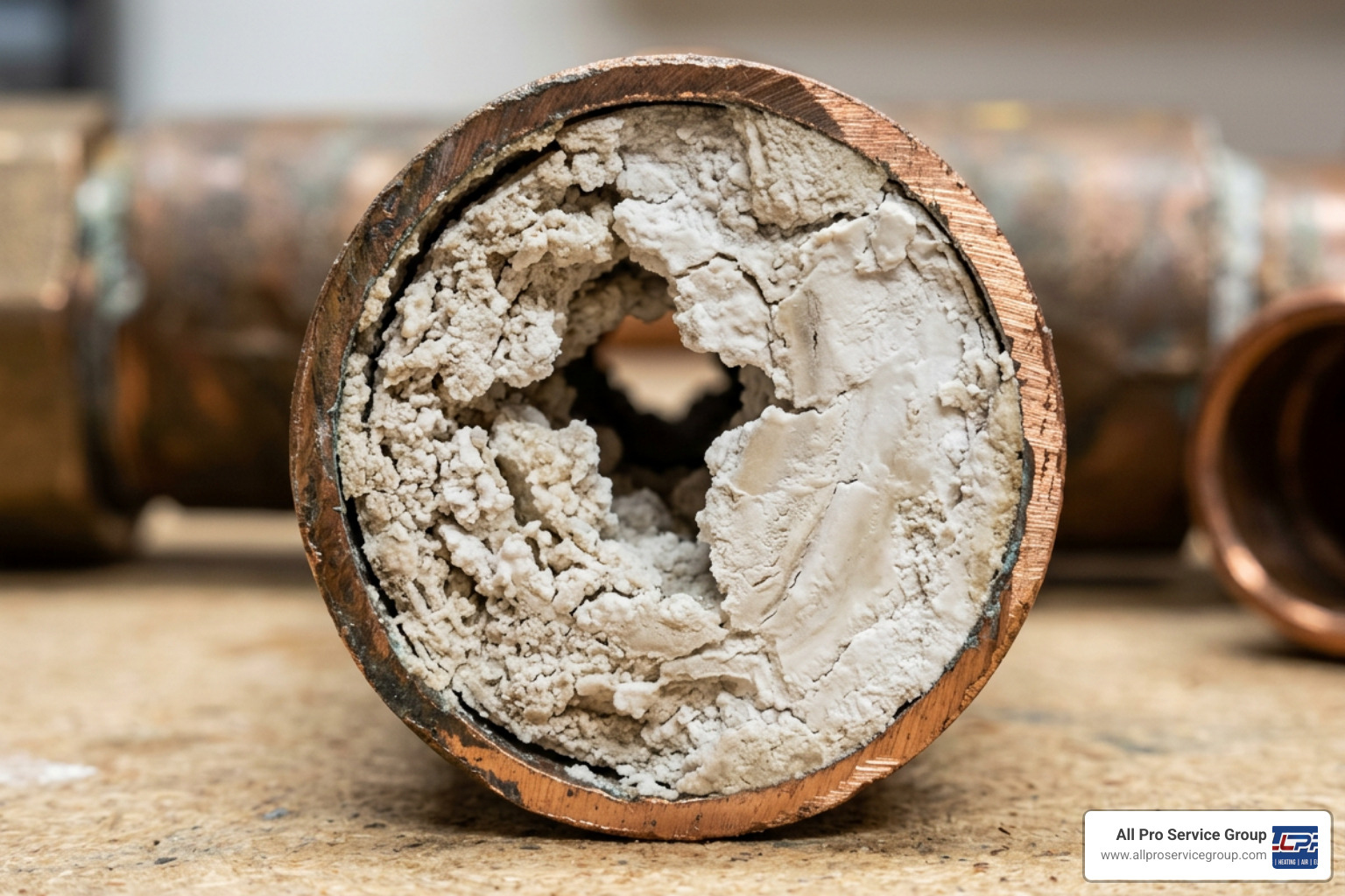 Mineral scale buildup inside copper pipes of a tankless water heater