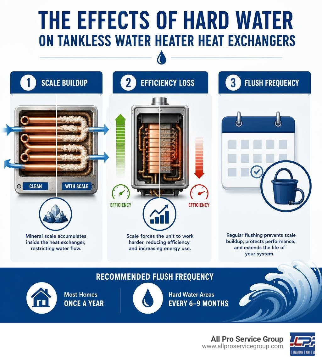 Effects of hard water on tankless water heater heat exchangers — scale buildup, efficiency loss, and flush frequency
