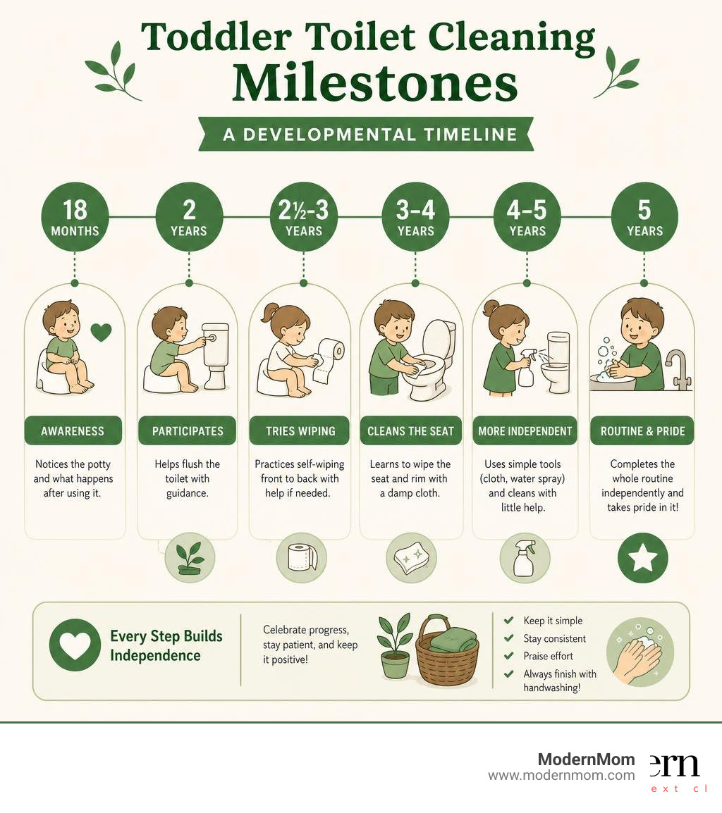 Developmental timeline of toddler toilet cleaning milestones from ages 18 months to 5 years infographic