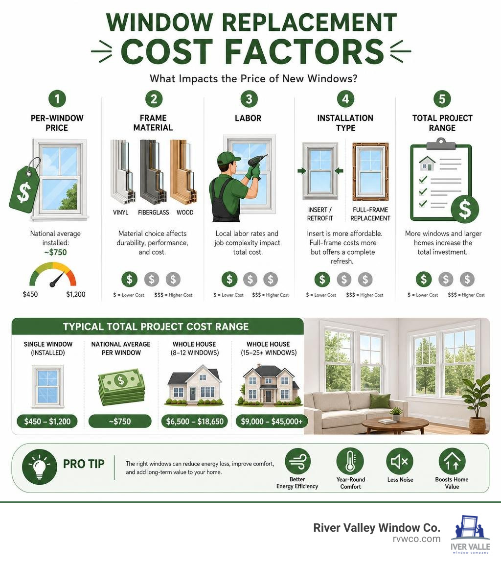 Window replacement cost factors infographic: per-window price, frame material, labor, installation type, and total project Window replacement cost factors infographic: per-window price, frame material, labor, installation type, and total project