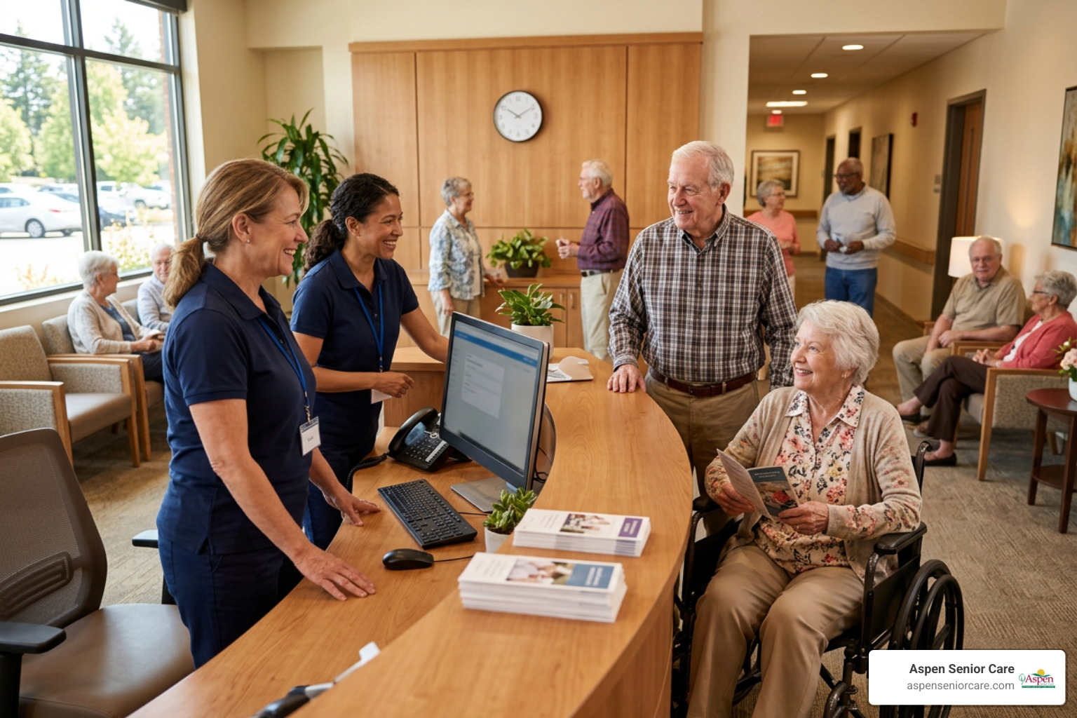 Senior center reception desk with friendly staff welcoming visitors