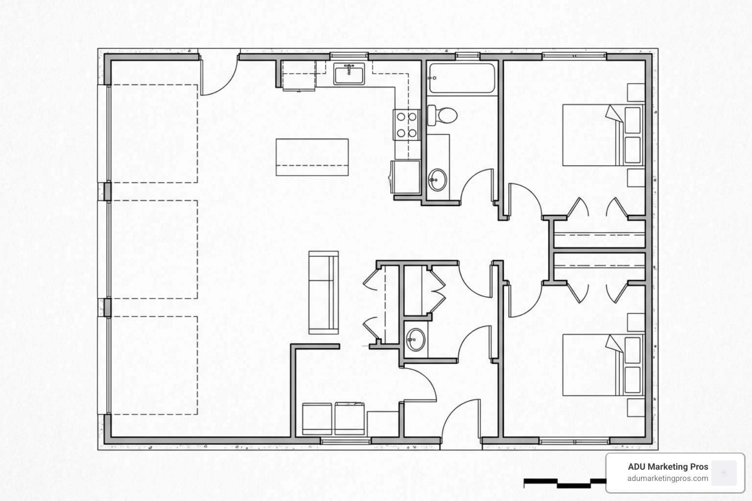 Architectural drawing showing a 3-car garage conversion layout with a spacious 2-bedroom plan, kitchen, and dedicated