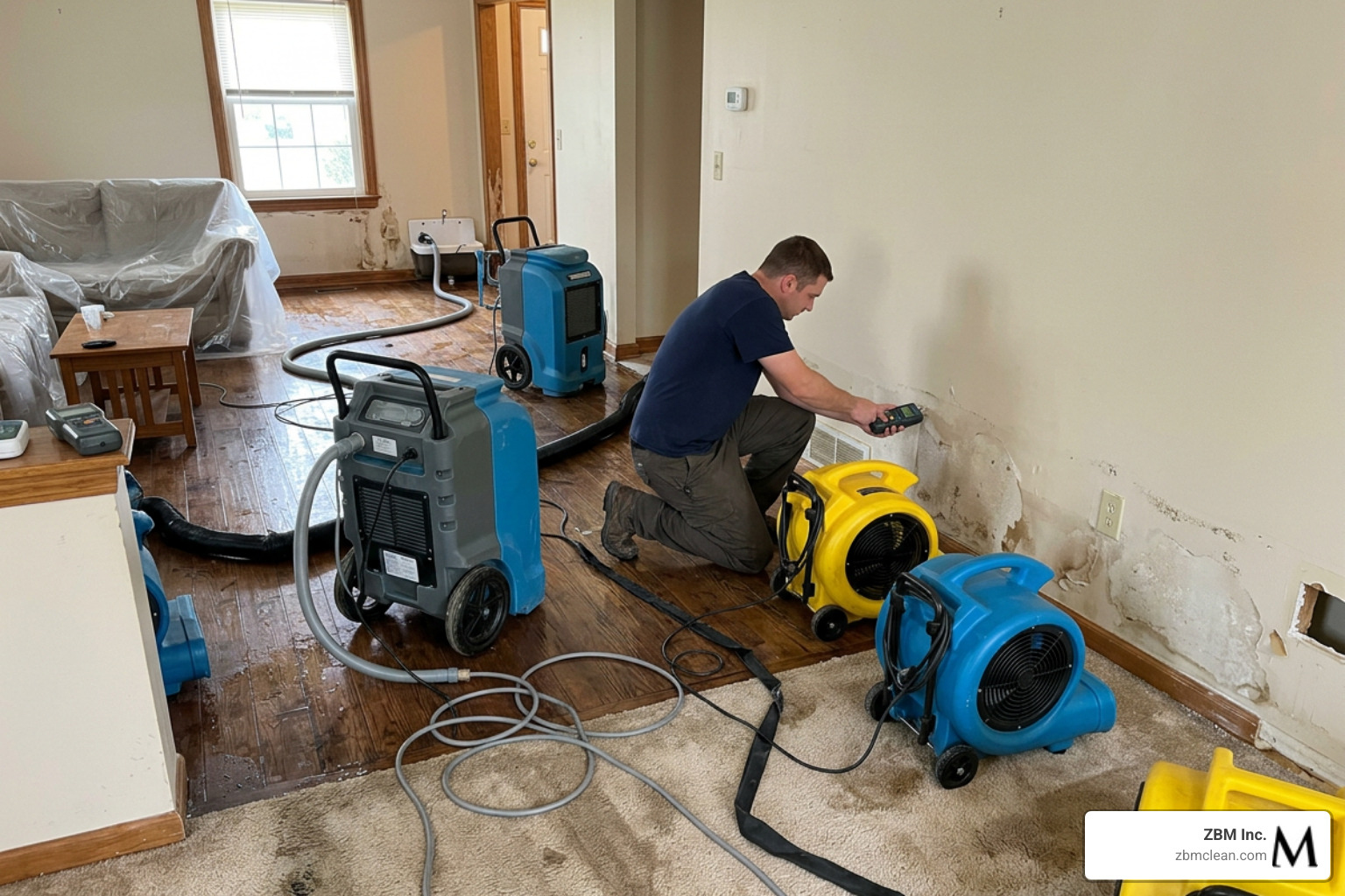 industrial air movers and dehumidifiers drying out a water-damaged room industrial air movers and dehumidifiers drying out a water-damaged room