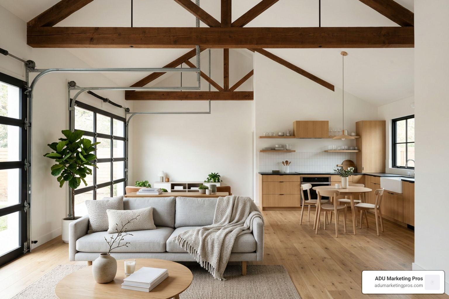 A beautifully converted garage interior with high vaulted ceilings and modern Scandinavian design elements