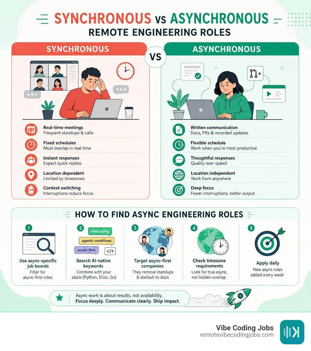 Infographic comparing synchronous vs asynchronous remote engineering roles and how to find them infographic