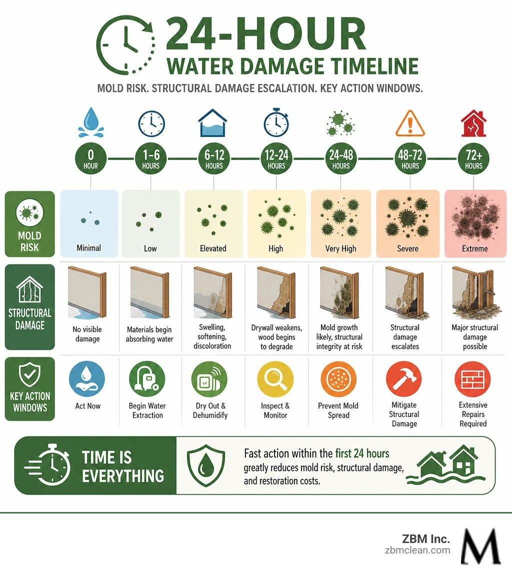 24-hour water damage timeline showing mold risk, structural damage escalation, and key action windows infographic 24-hour water damage timeline showing mold risk, structural damage escalation, and key action windows infographic