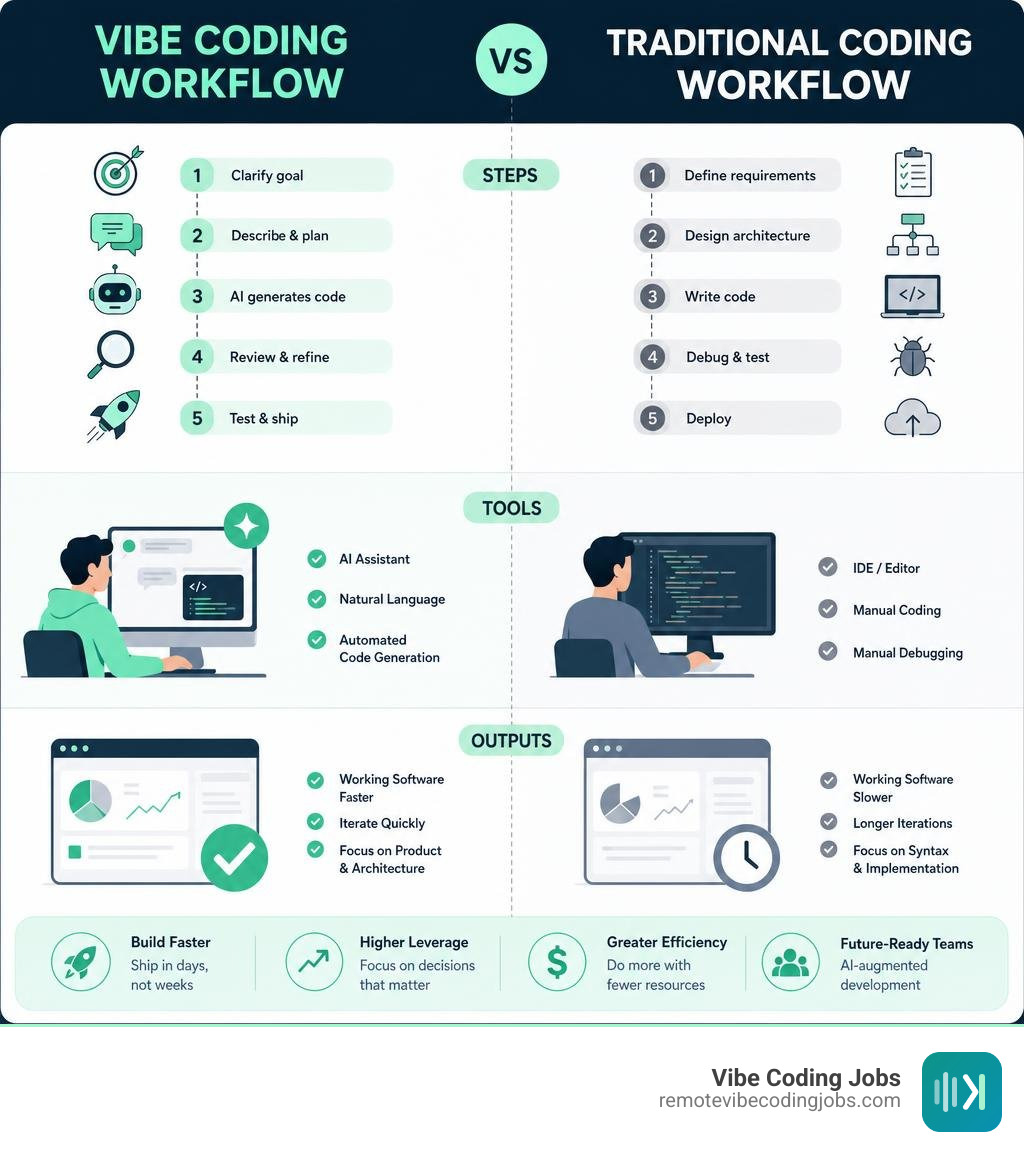 Vibe coding workflow vs traditional coding: side-by-side comparison of steps, tools, and outputs infographic