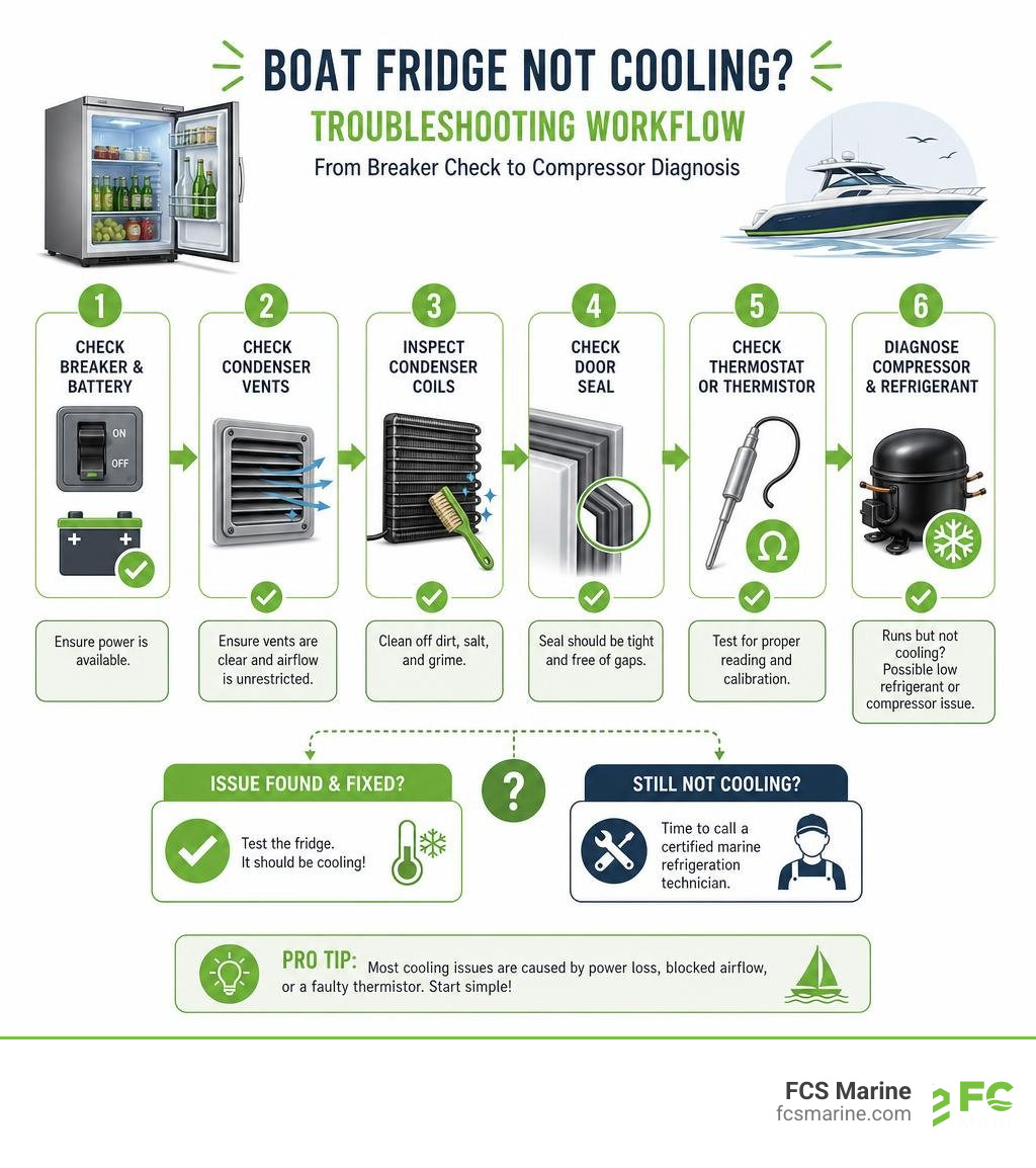 Boat fridge not cooling troubleshooting workflow from breaker check to compressor diagnosis infographic Boat fridge not cooling troubleshooting workflow from breaker check to compressor diagnosis infographic