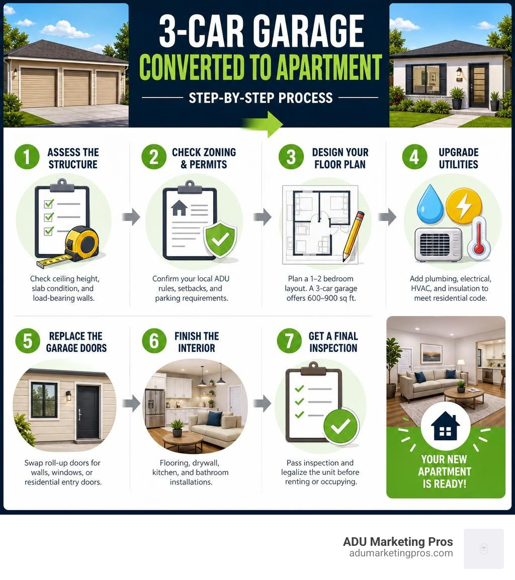 Step-by-step infographic: 3 car garage converted to apartment process from assessment to final inspection infographic