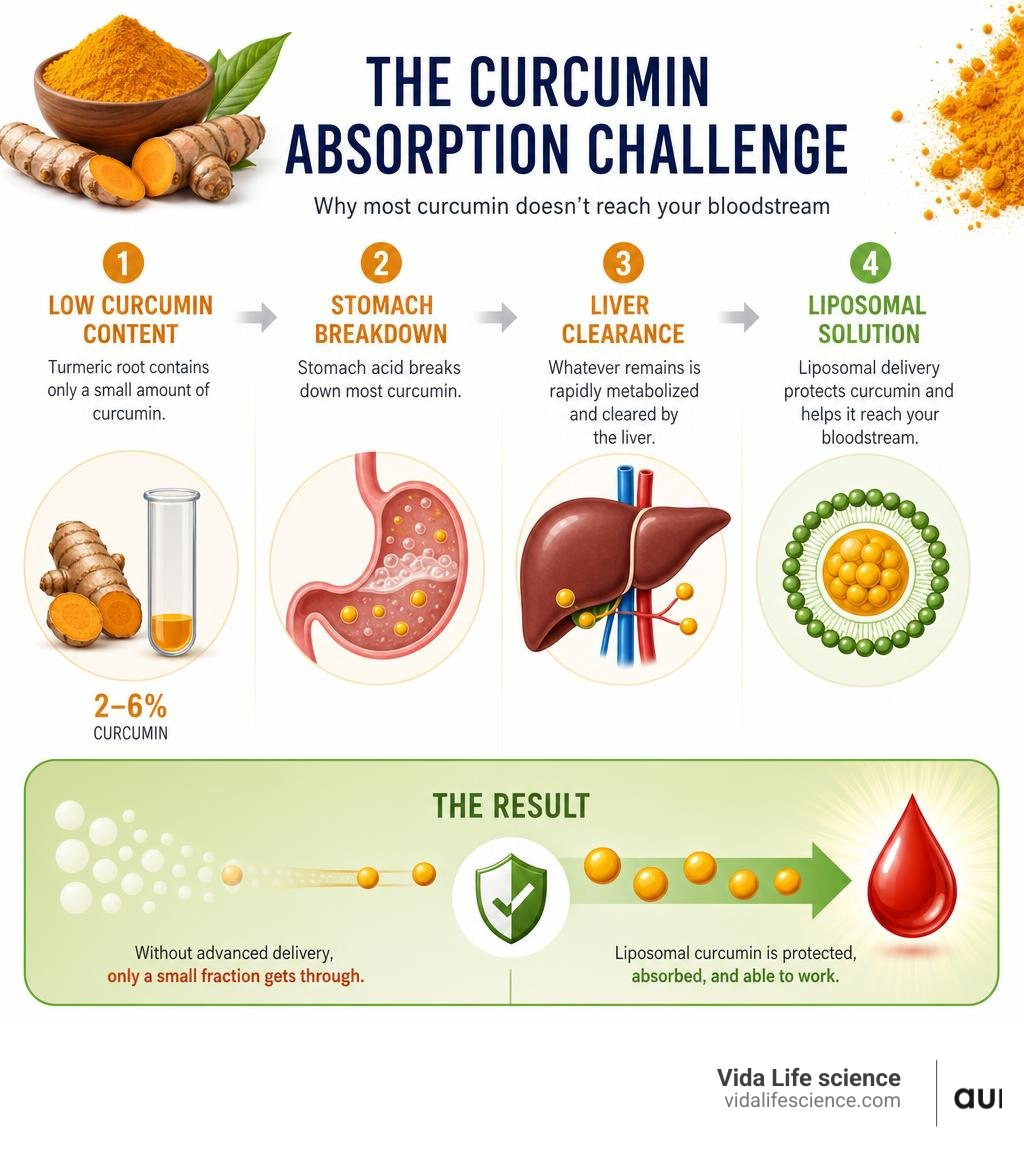 Infographic showing curcumin absorption challenges: low turmeric curcumin content, stomach breakdown, liver clearance, and Infographic showing curcumin absorption challenges: low turmeric curcumin content, stomach breakdown, liver clearance, and
