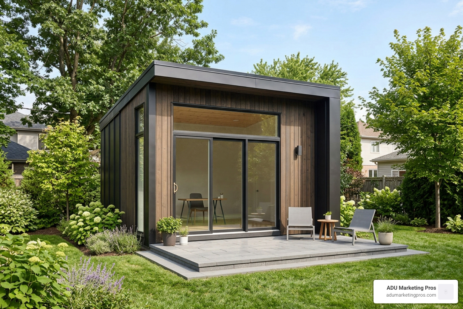 modern prefab backyard studio with large double-glazed glass doors and a minimalist design