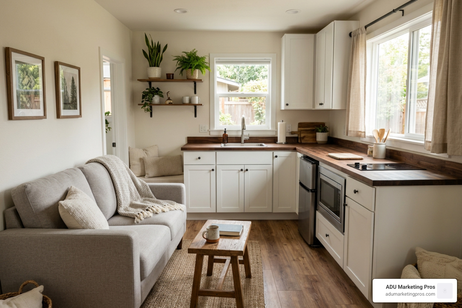 cozy interior of a modern backyard cottage showing a living area and a small kitchen