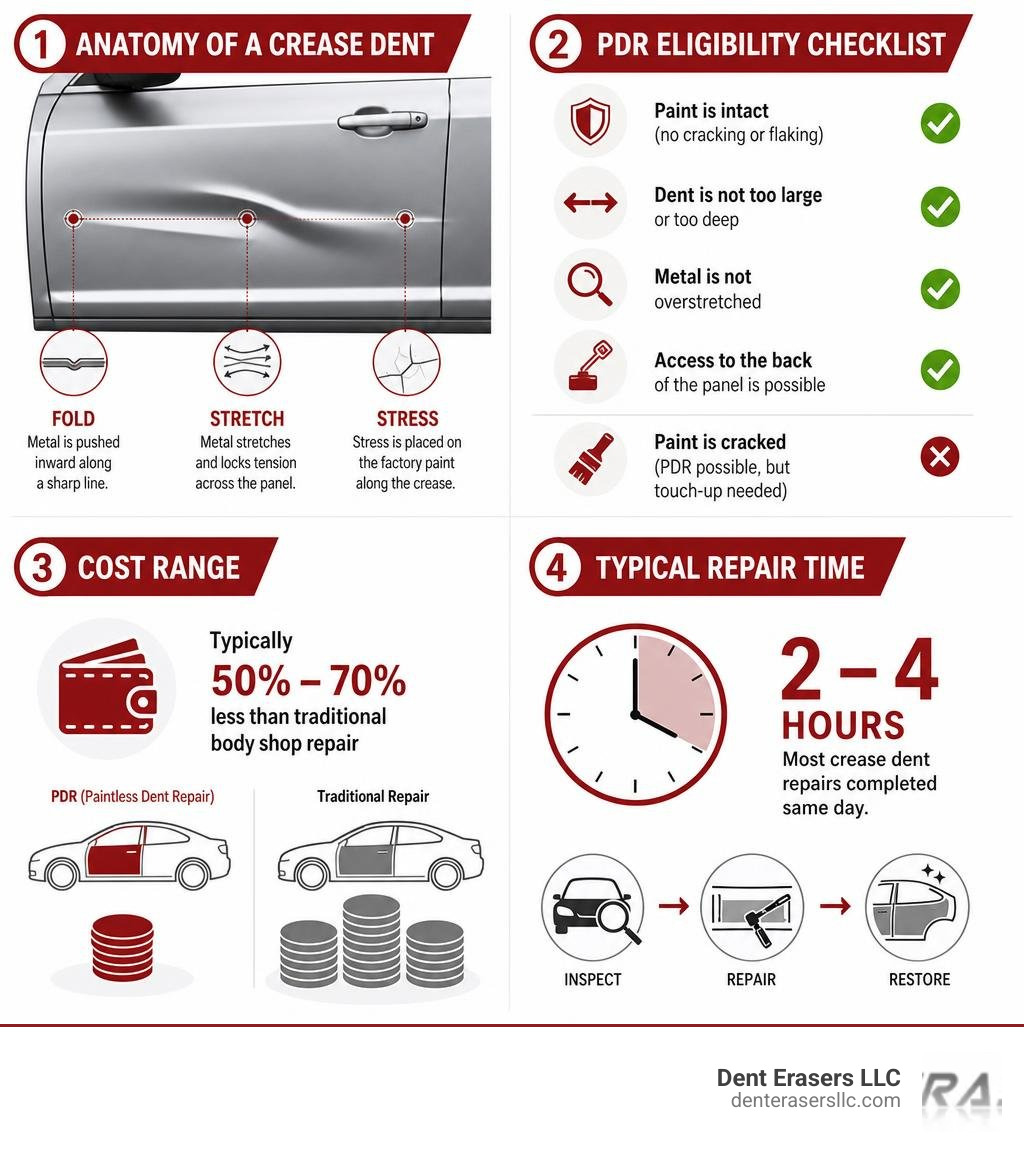 Infographic showing anatomy of a crease dent, PDR eligibility checklist, cost range, and typical repair time infographic Infographic Showing Anatomy Of A Crease Dent, Pdr Eligibility Checklist, Cost Range, And Typical Repair Time Infographic