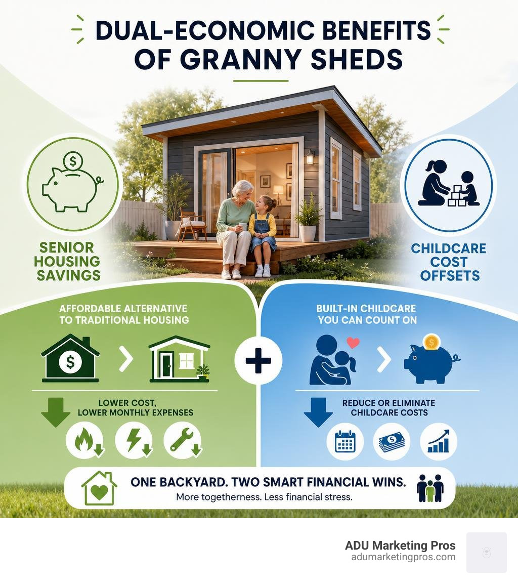 Dual-economic benefits of granny sheds: senior housing savings vs childcare cost offsets infographic