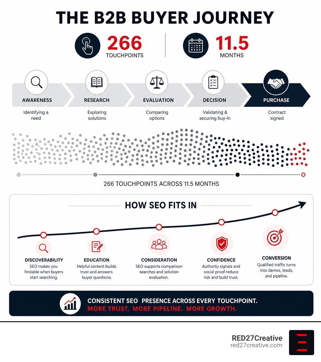 Infographic showing the B2B buyer journey with 266 touchpoints across 11.5 months and how SEO fits in infographic Infographic showing the B2B buyer journey with 266 touchpoints across 11.5 months and how SEO fits in infographic