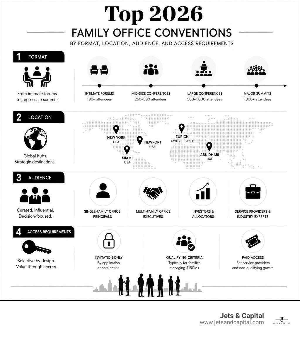 Top 2026 family office conventions by format, location, audience, and access requirements infographic Top 2026 family office conventions by format, location, audience, and access requirements infographic