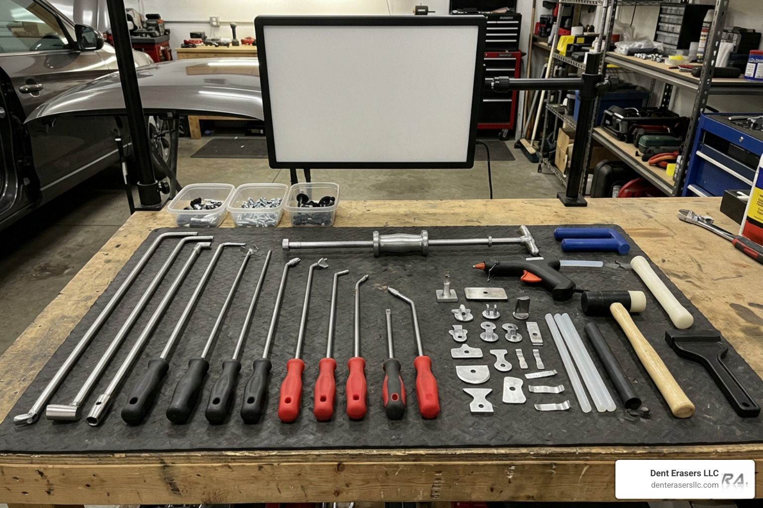 various professional paintless dent repair tools laid out on a technician's workbench Various Professional Paintless Dent Repair Tools Laid Out On A Technician's Workbench