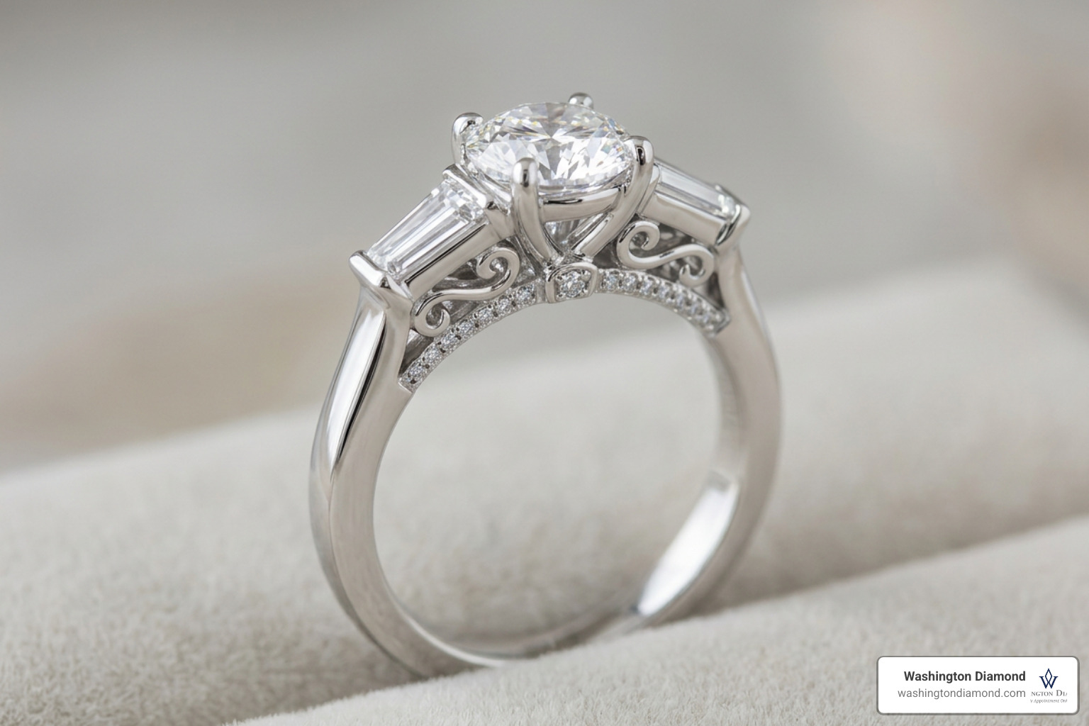 Three-stone cathedral ring with side accents Three-stone cathedral ring with side accents