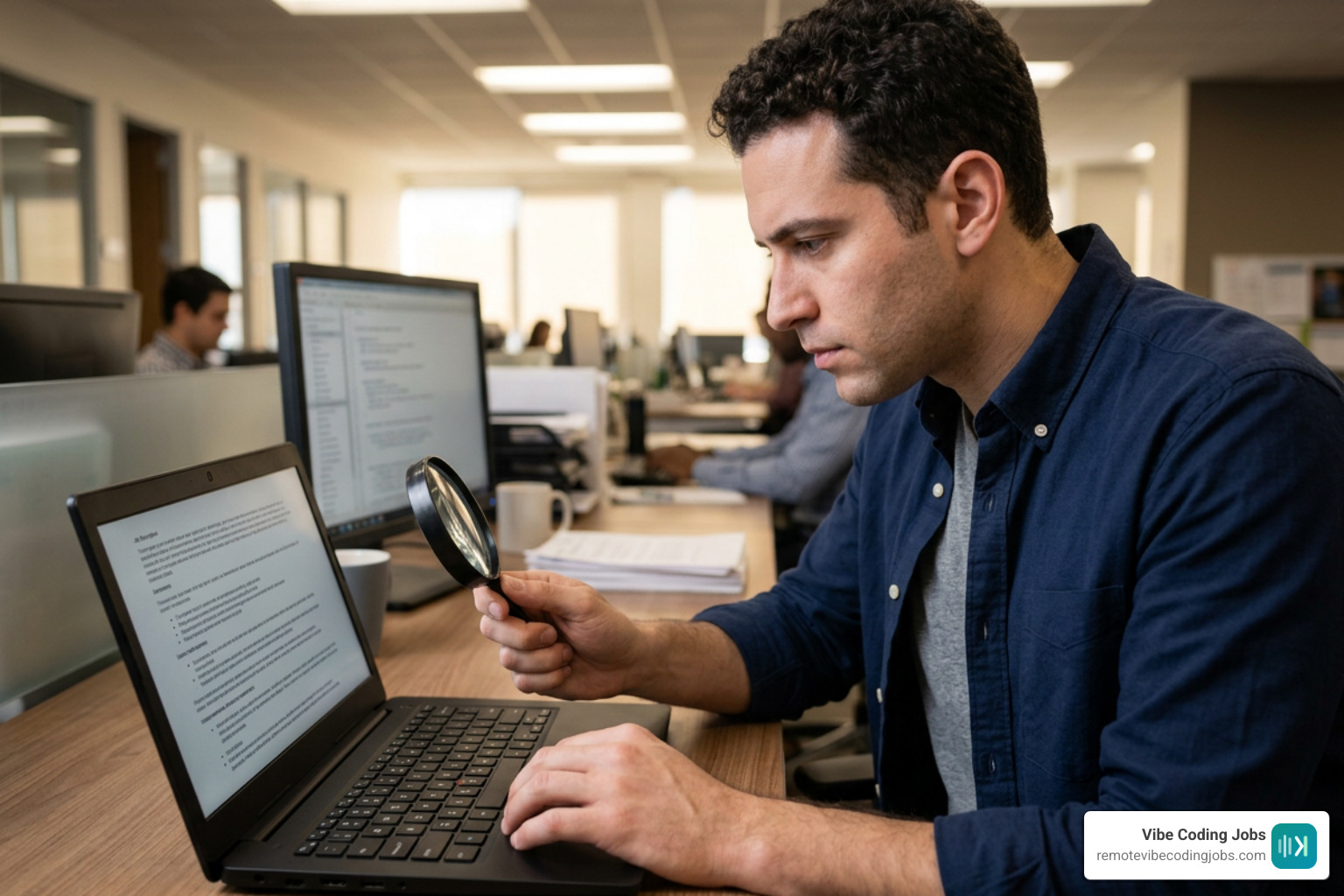 Developer reviewing an async job description with a magnifying glass