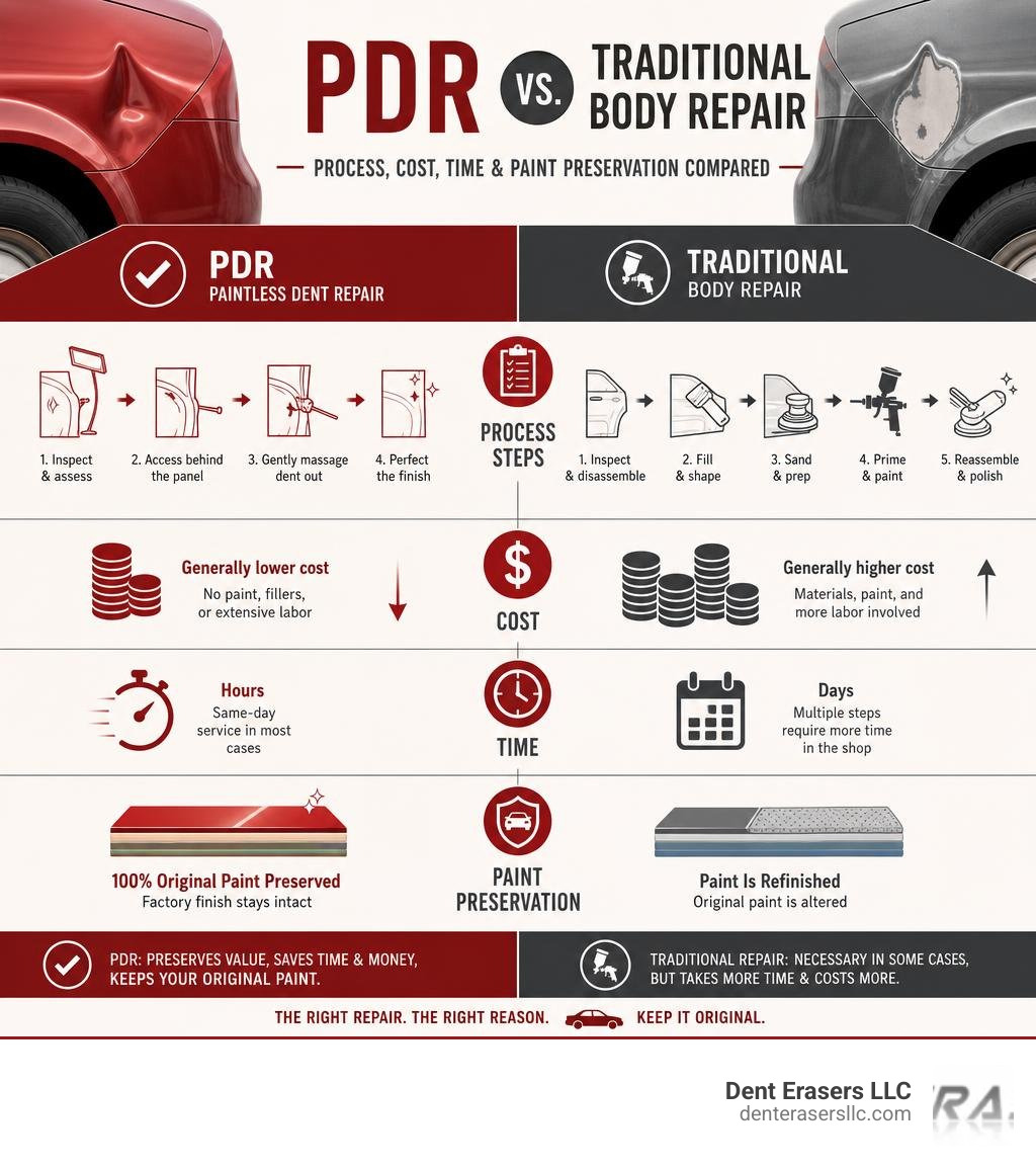 PDR vs traditional body repair: process steps, cost, time, and paint preservation comparison infographic Pdr Vs Traditional Body Repair: Process Steps, Cost, Time, And Paint Preservation Comparison Infographic