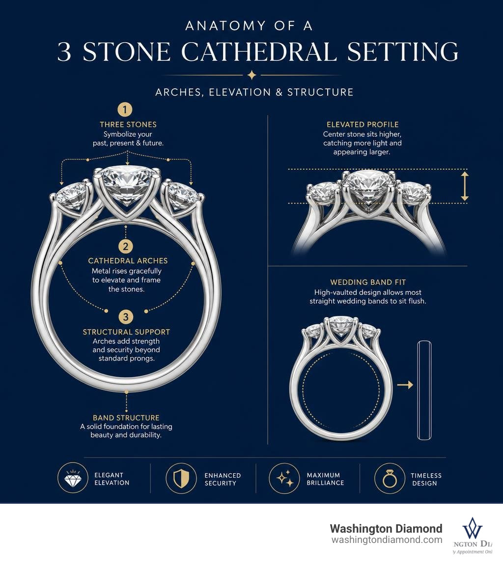 Anatomy of a 3 stone cathedral setting infographic showing arches, elevated stones, and band structure infographic Anatomy of a 3 stone cathedral setting infographic showing arches, elevated stones, and band structure infographic