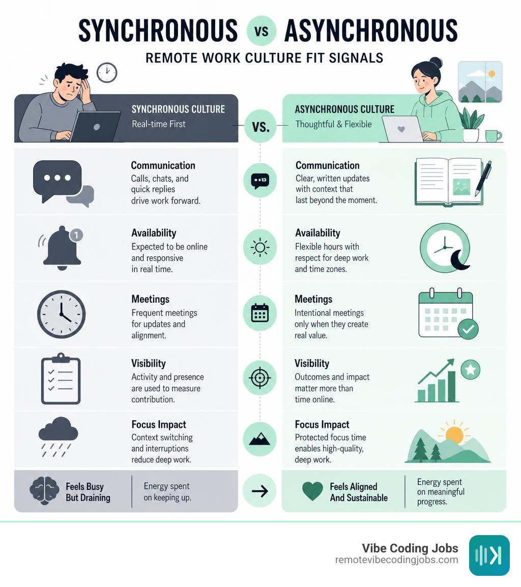 Infographic comparing synchronous vs asynchronous remote work culture fit signals infographic