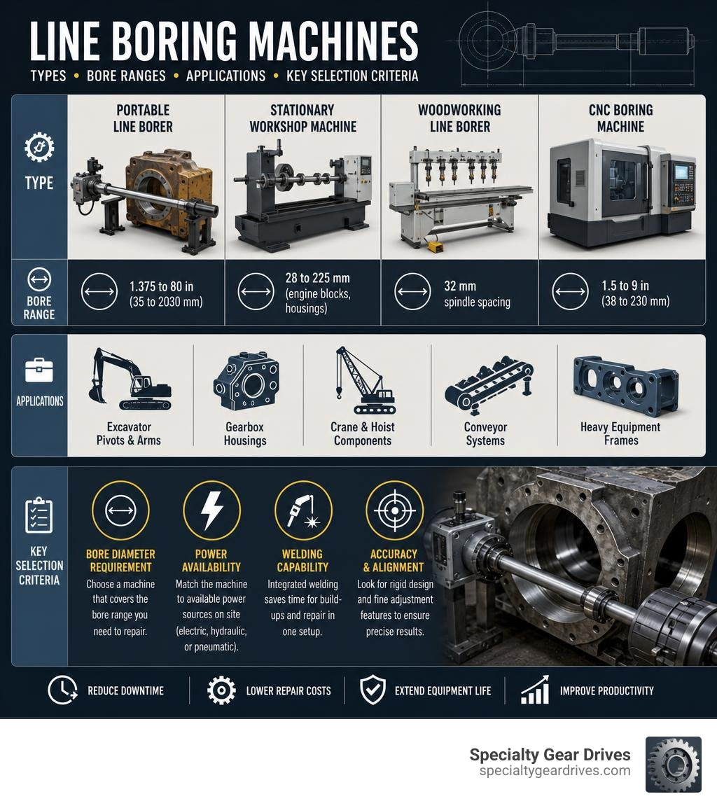 Line boring machine types, bore ranges, applications, and key selection criteria infographic infographic Line boring machine types, bore ranges, applications, and key selection criteria infographic infographic