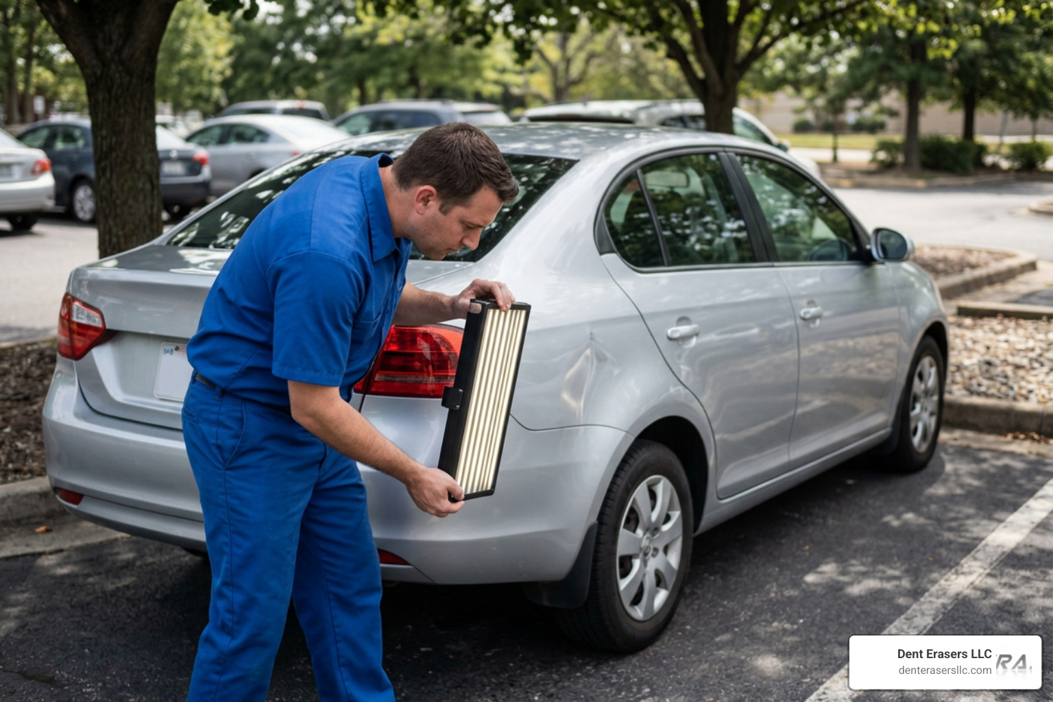 A technician using a specialized LED line board to inspect a door ding for paintless dent repair A Technician Using A Specialized Led Line Board To Inspect A Door Ding For Paintless Dent Repair