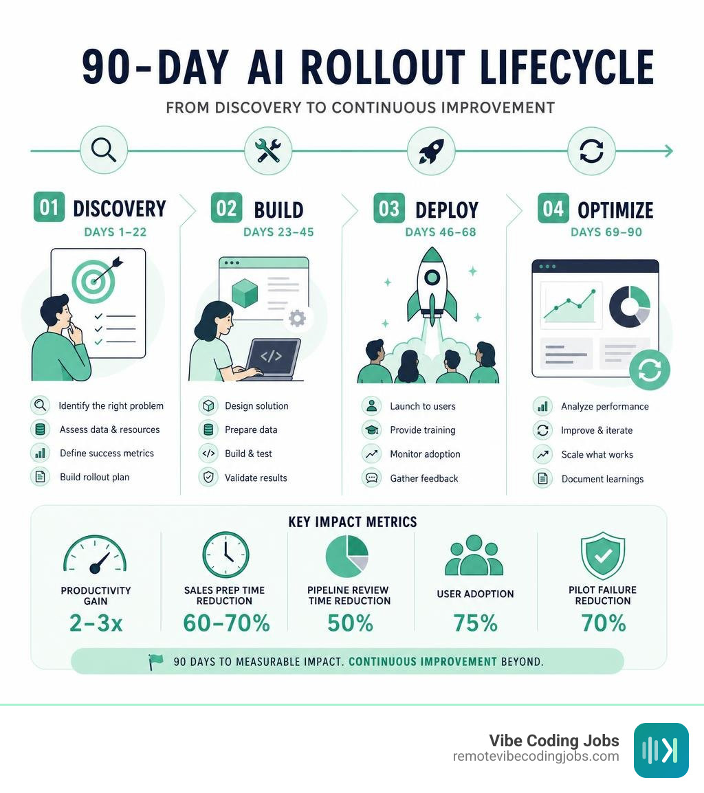 90-day AI rollout lifecycle showing discovery, build, deploy, and optimize phases with key metrics infographic