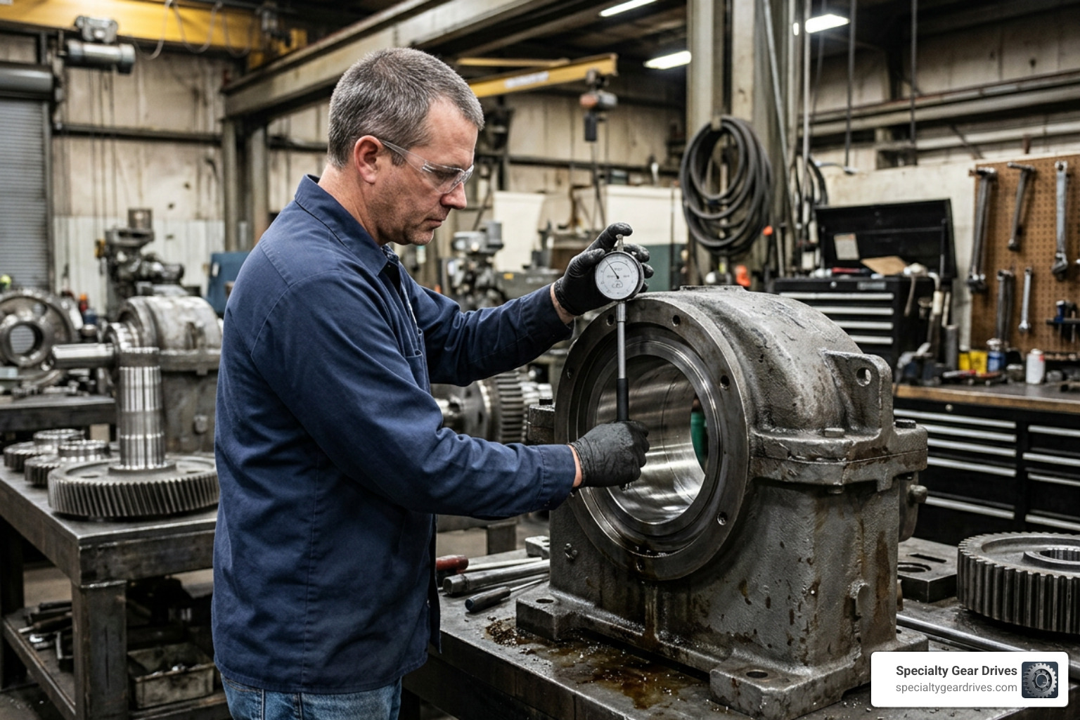 machinist measuring bearing bore inside a large speed reducer housing machinist measuring bearing bore inside a large speed reducer housing