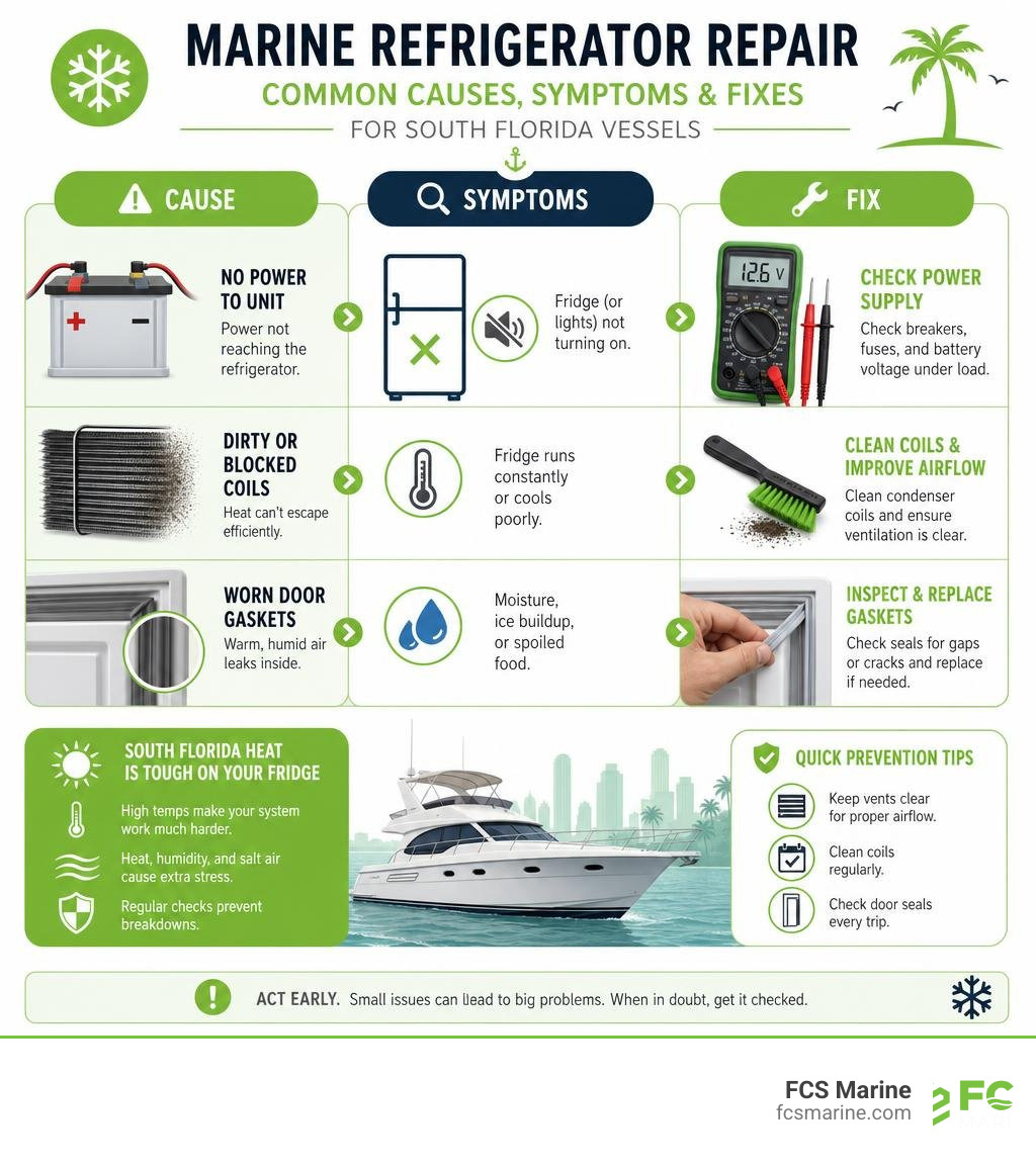 Common causes, symptoms, and fixes for marine refrigerator repair on South Florida vessels infographic Common causes, symptoms, and fixes for marine refrigerator repair on South Florida vessels infographic