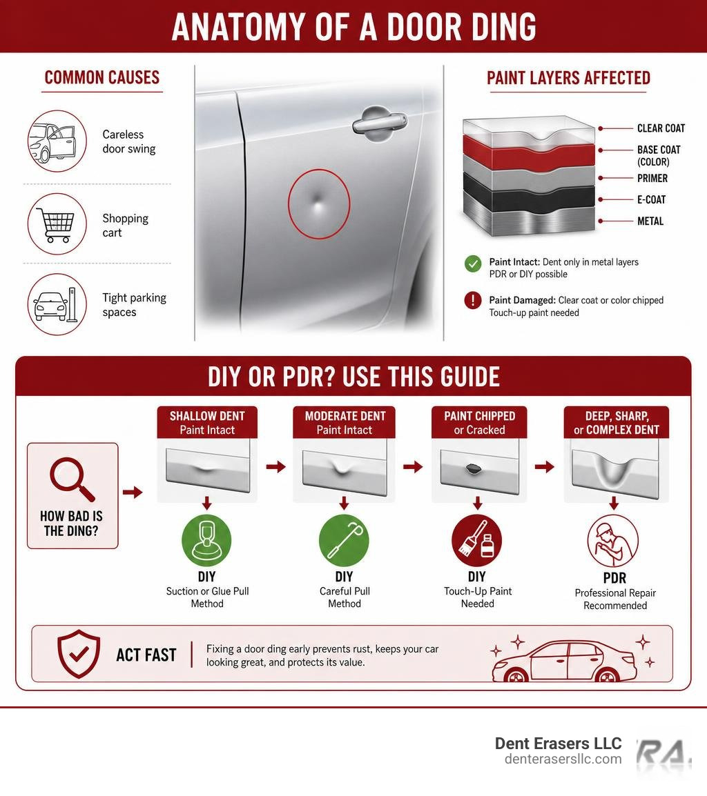Anatomy of a door ding infographic: causes, paint layers affected, DIY vs. PDR decision guide infographic Anatomy Of A Door Ding Infographic: Causes, Paint Layers Affected, Diy Vs. Pdr Decision Guide Infographic
