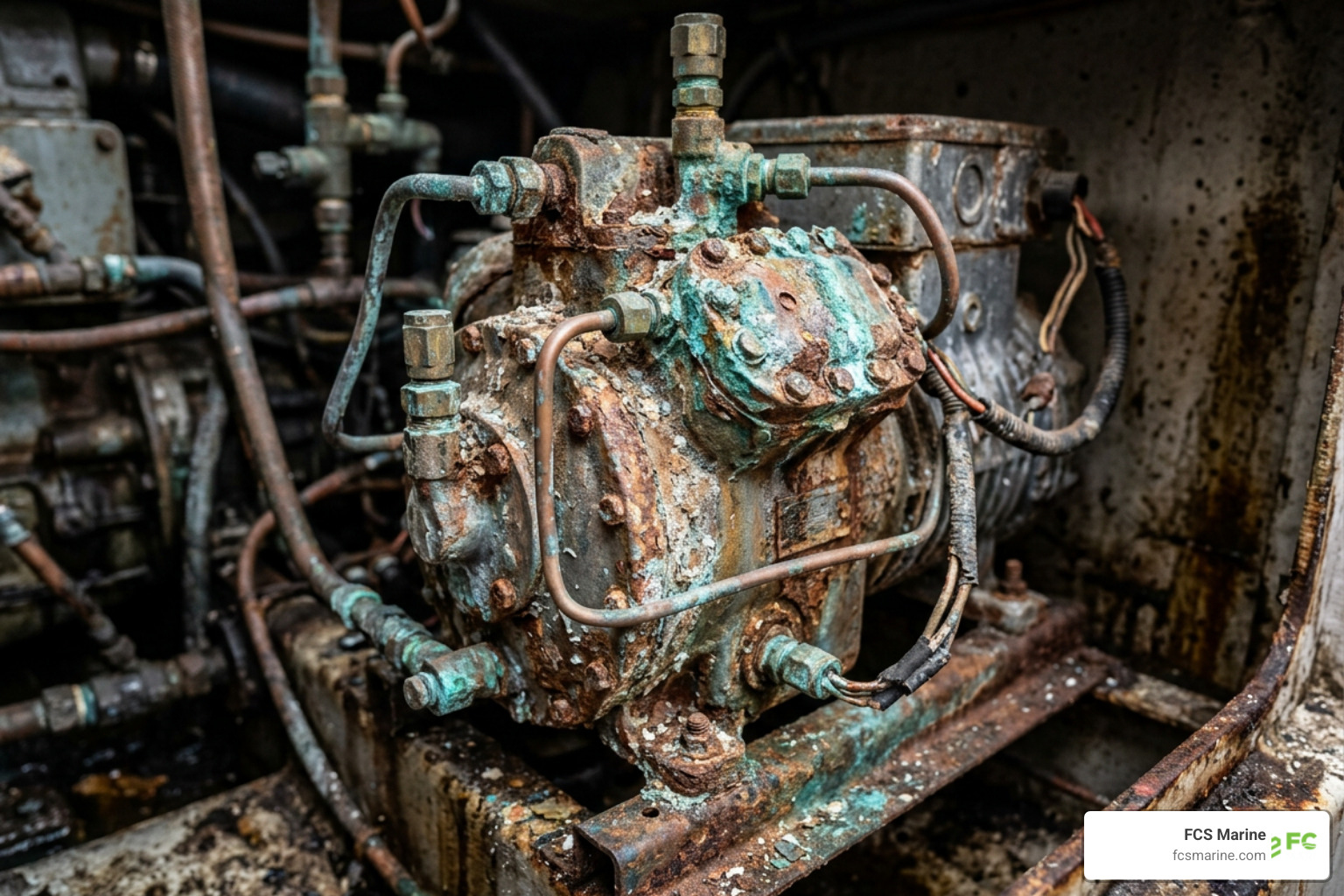 corroded marine compressor on a boat