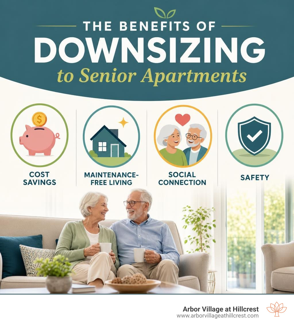 Benefits of downsizing to senior apartments: cost savings, maintenance-free living, social connection, safety infographic