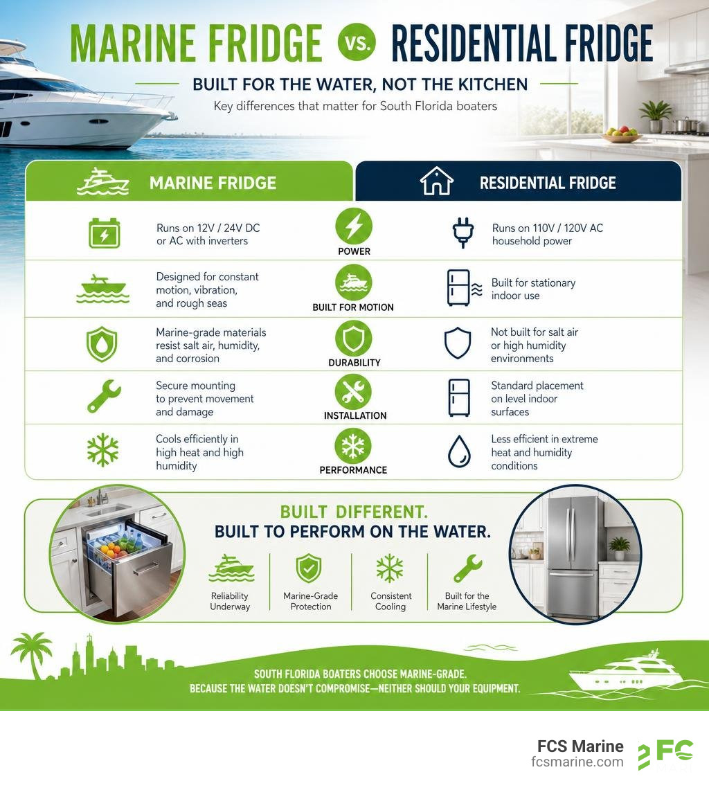 Marine fridge vs residential fridge comparison infographic for South Florida boaters infographic