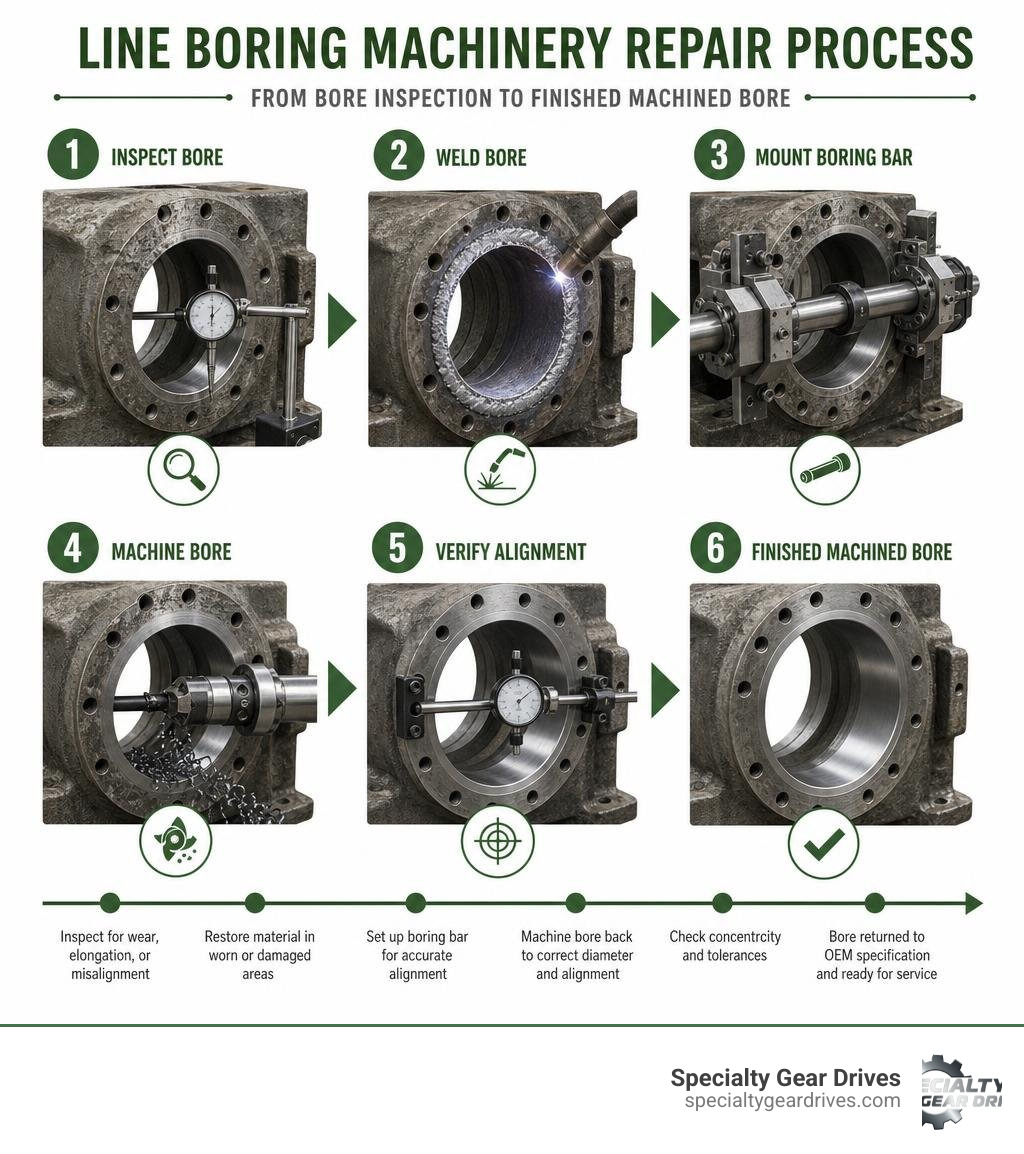 Line boring machinery repair process steps from bore inspection to finished machined bore infographic Line boring machinery repair process steps from bore inspection to finished machined bore infographic
