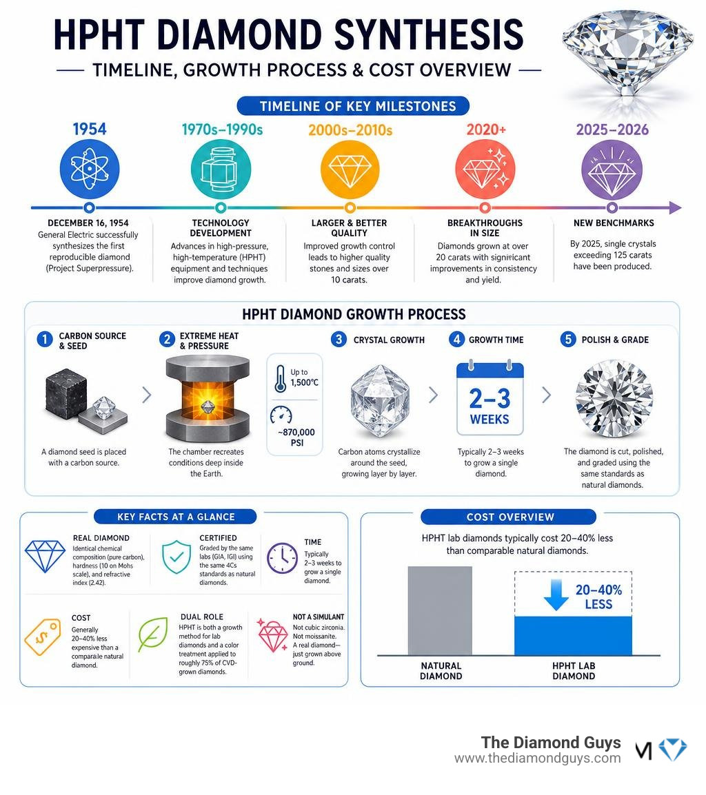 Timeline of HPHT diamond synthesis from 1954 to 2026, key milestones, growth process, and cost overview infographic Timeline of HPHT diamond synthesis from 1954 to 2026, key milestones, growth process, and cost overview infographic