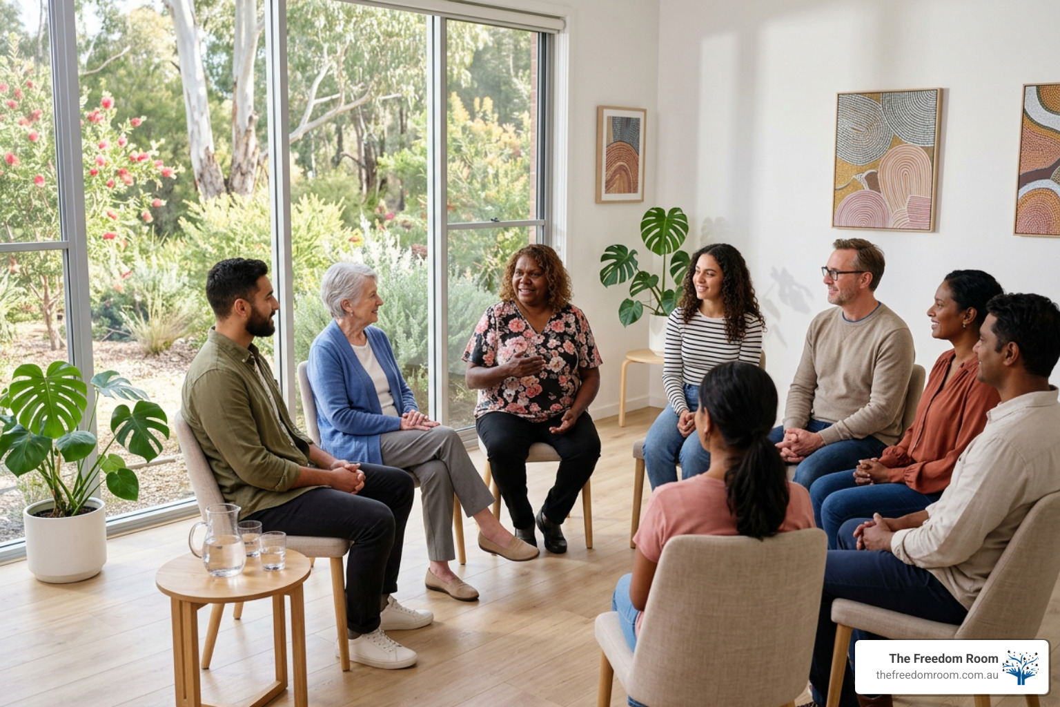 A diverse group therapy session focused on alcohol recovery in Australia