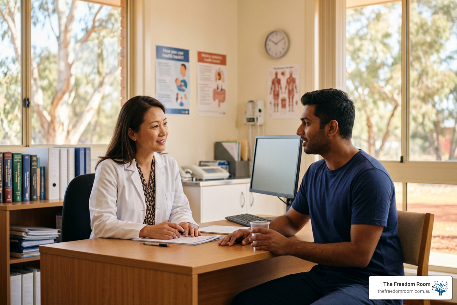 A healthcare professional conducting an alcohol risk assessment in a warm Australian clinical setting