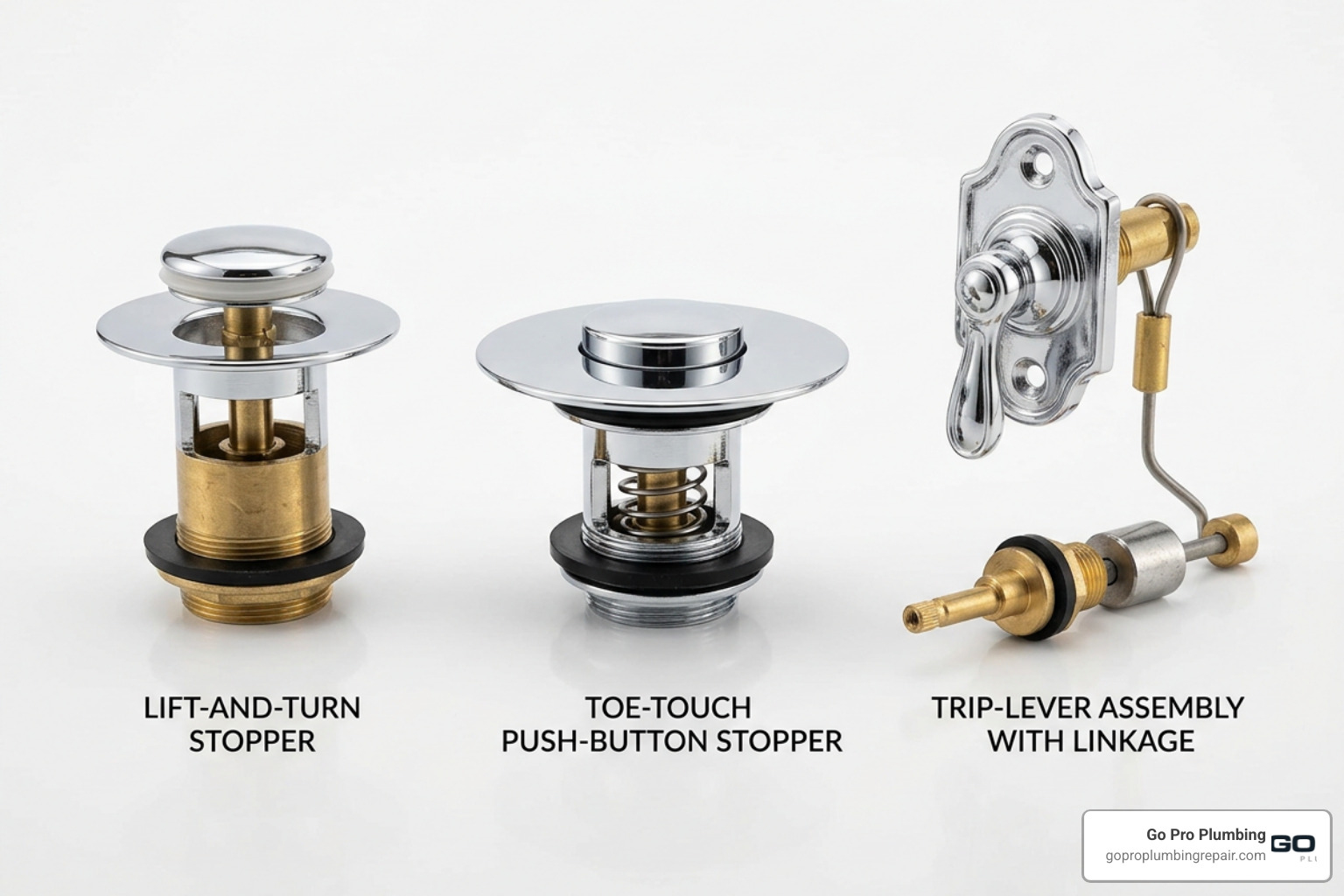 Various types of bathtub stoppers including lift-and-turn, toe-touch, and trip-lever