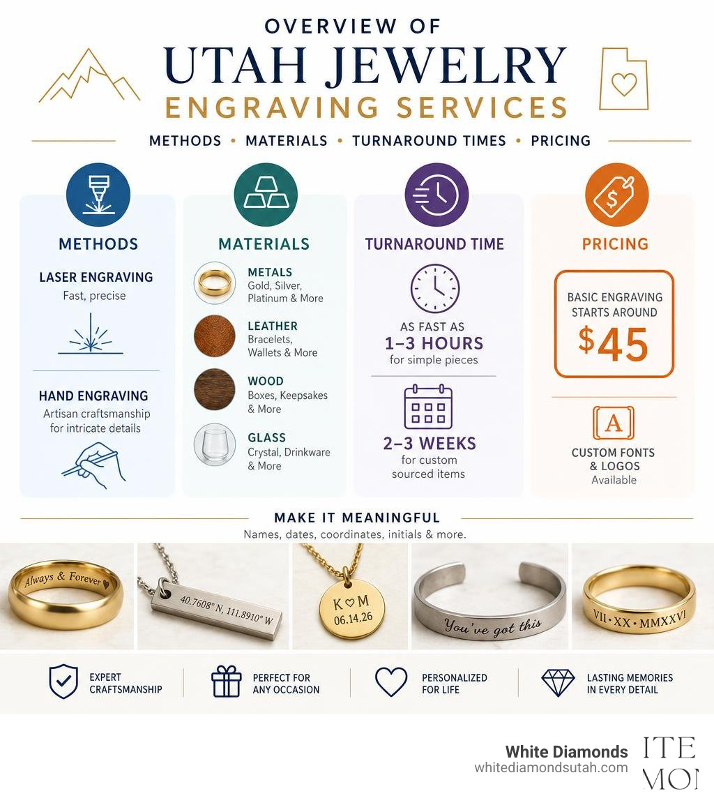 Overview of Utah jewelry engraving services: methods, materials, turnaround times, and pricing infographic Overview of Utah jewelry engraving services: methods, materials, turnaround times, and pricing infographic