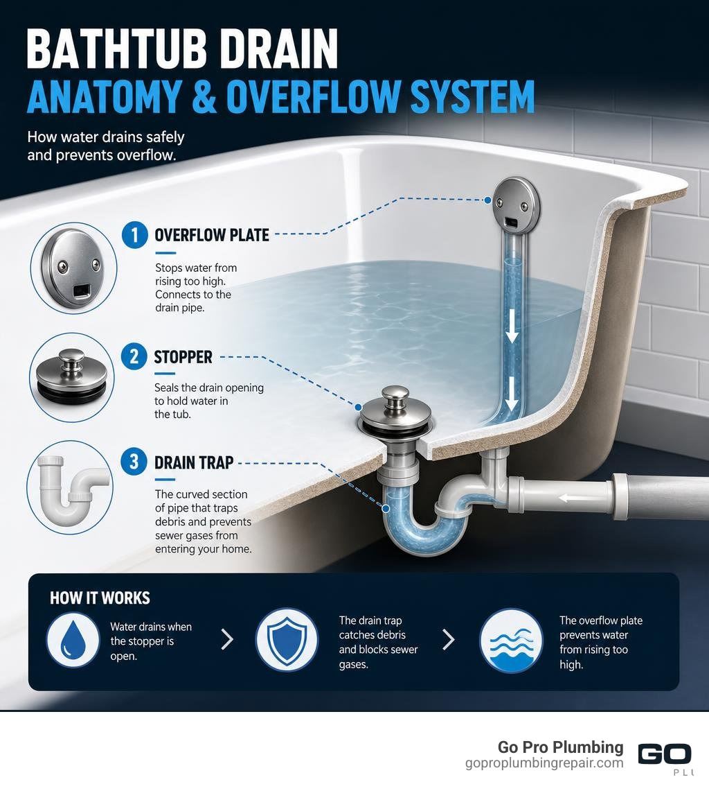 Bathtub drain anatomy and overflow system showing drain trap, stopper, and overflow plate infographic